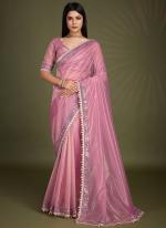 Gold Infused Twill Pink Party Wear Embroidery Work Saree